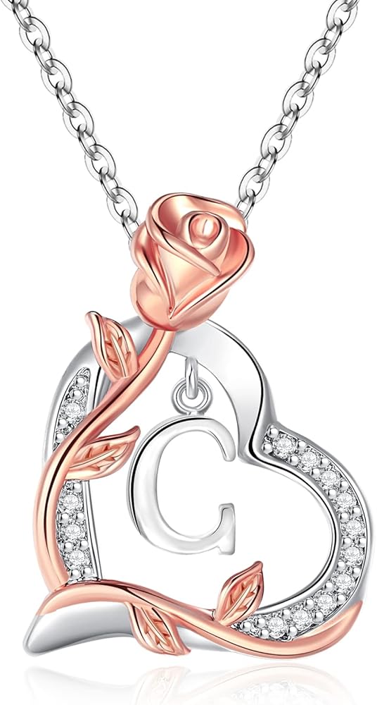 Rose Heart Initial Necklaces for Girlfriend Trendy Letter Love Pendant Silver Necklace Wife Teen Girls Birthday Jewelry Gifts