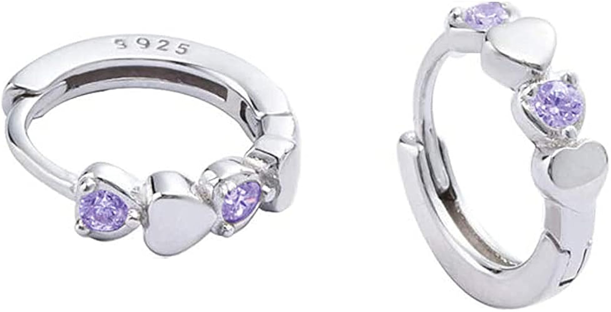 Double Love Heart Cubic Zirconia Small Hoop Earrings for Women Teen Girls 925 Sterling Silver Tiny Cute Huggie Hoops Cartilage Hypoallergenic for Sensitive Ear Birthstone Valentine Easter Mother's Day Jewelry Gifts for Her Amethyst