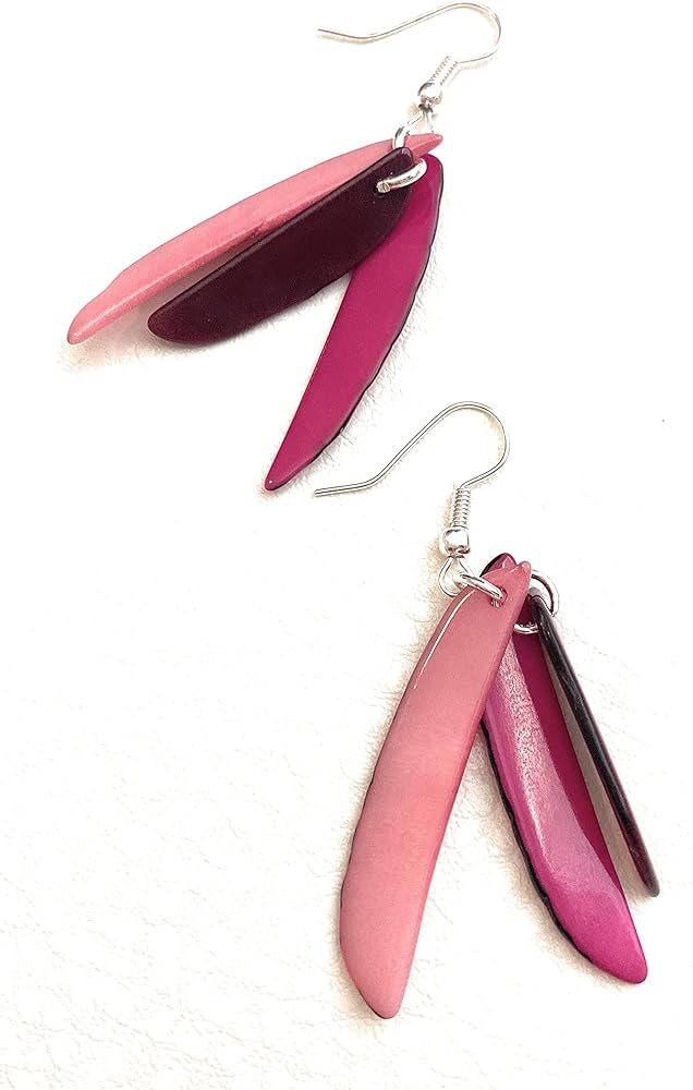 Tagua Earrings in Pink and Burgundy Vegetable Ivory Dangle Earrings Tag267, Handmade Organic Earrings, 3 Strips Earrings Tagua Earrings