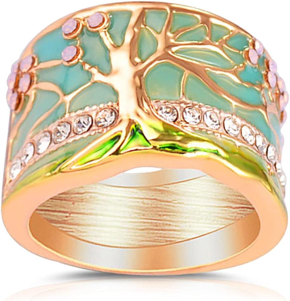 Enamel Viking Tree of Life Wide Band Ring,14K Gold Plated Colorful Resin Statement Thumb Index Full Finger Band Ring for Women Girls (Ring_A, 6)