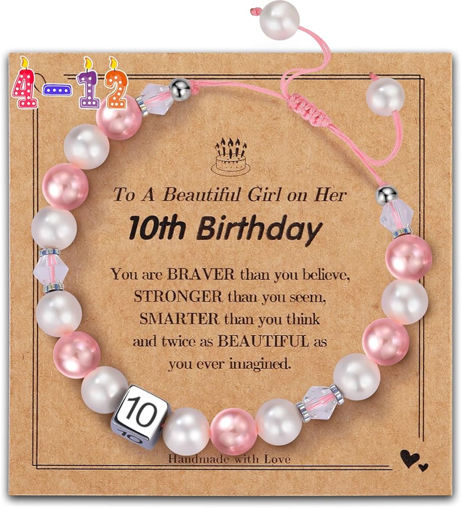 Adjustable Pink Pearl Bracelet Birthday Gifts for 4-12 Year Old Girls, Christmas Gifts for Teen Girls Daughter Granddaughter Niece