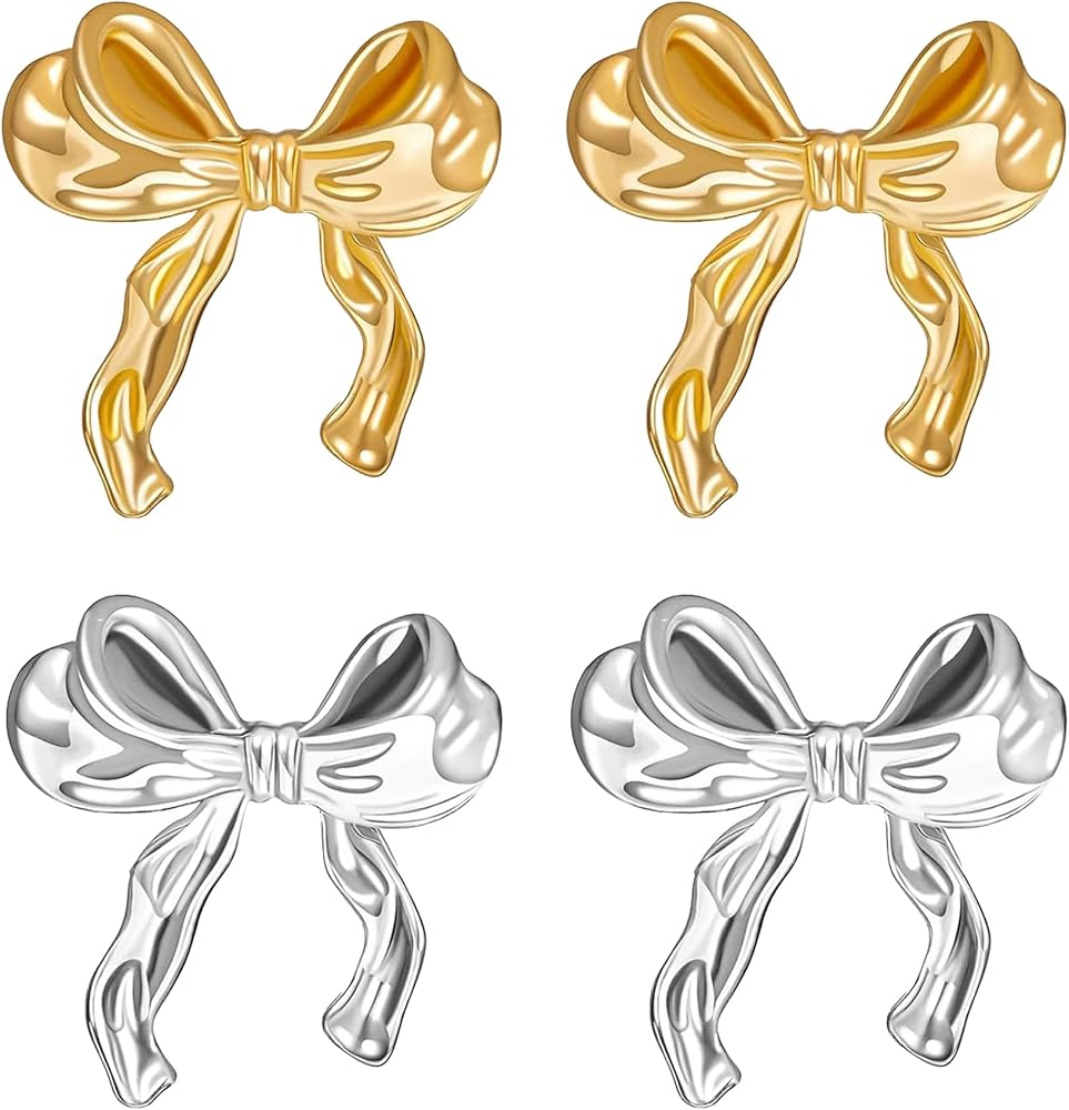 Gold Silver Bow Earrings,BowKnot Earrings,Ribbon Stud Earrings,Gifts for Women Teen Girls