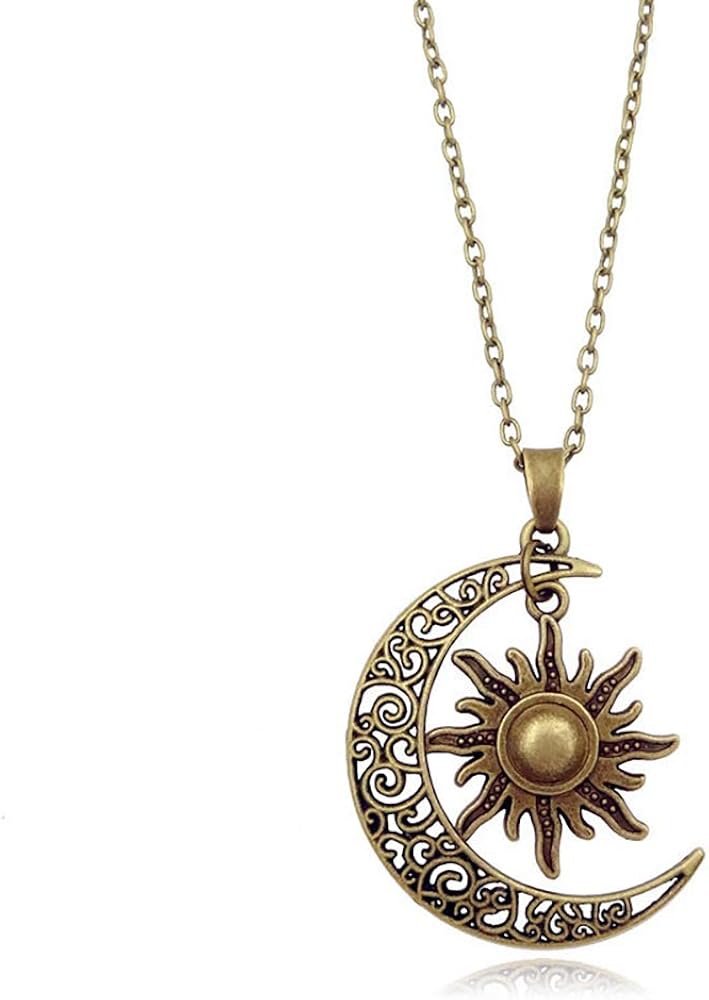 Vintage Bronze Crescent Moon and Sun Pendant Necklace Retro Swirl Filigree Unisex Jewelry Gifts