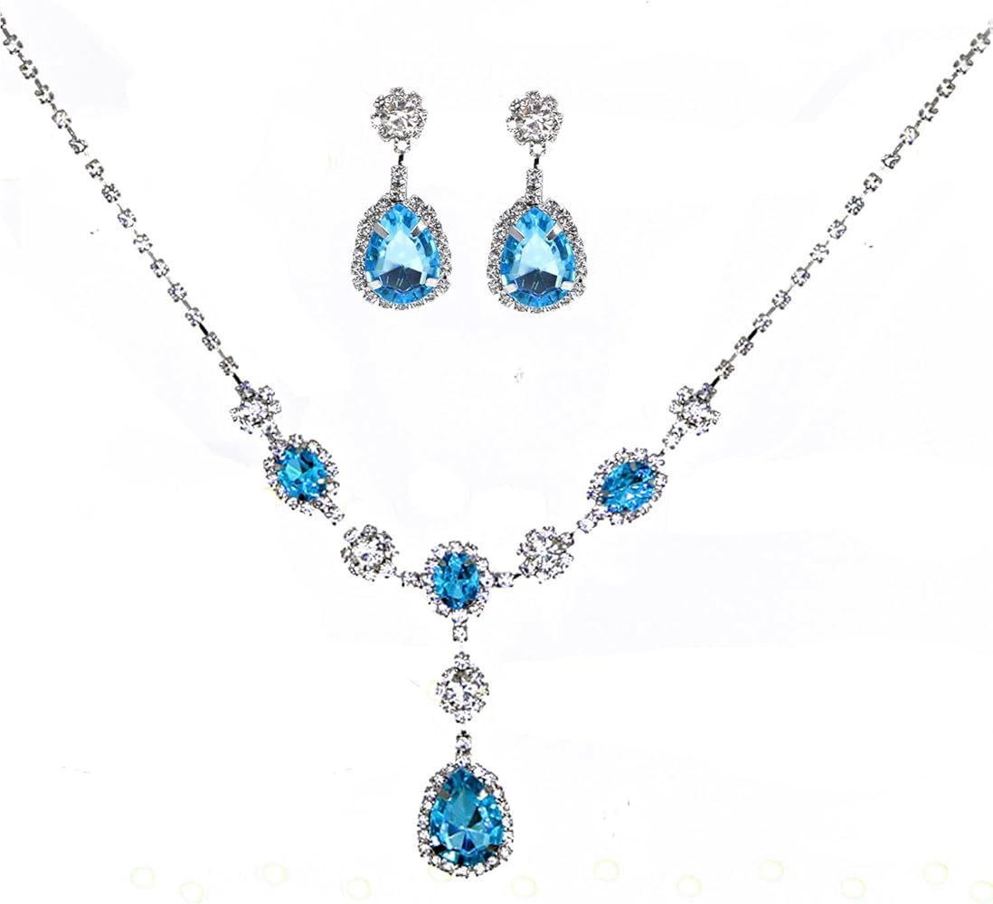 ABJFJE Fashion Silver Plated Blue Zircon Crystal Chain Wedding Jewelry Set Rhinestone Diamond Chain Collar Choker Necklace and Dangle Earrings for Women Girl Party Dress