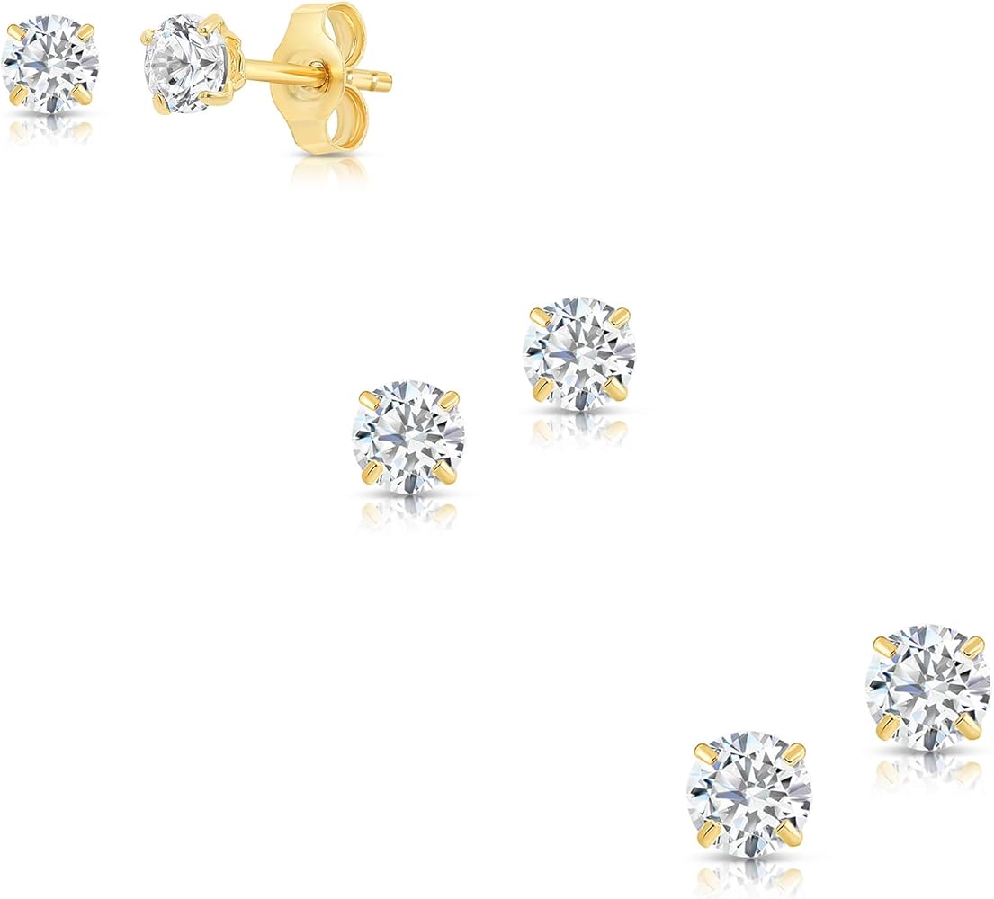 14k Yellow Gold Solitaire Round Cubic Zirconia CZ Stud Earrings with Gold butterfly Pushbacks - 3 Pair Set (3mm, 4mm, 5mm)