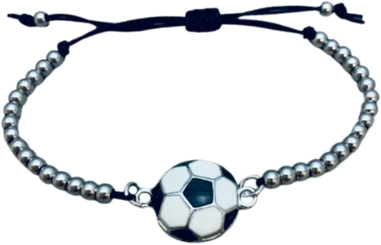 Soccer Bracelet, Soccer Jewelry, Adjustable Silver Beads on Black Strings Soccer Bracelet, Soccer Gifts For Women, Teens and Girl