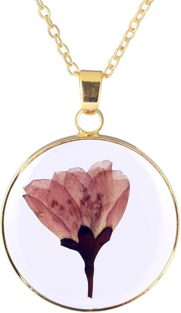 Multicolor Dried Natural Real Flowers Gold-tone Round Circle Shaped Simulated Resin Pendant Necklace