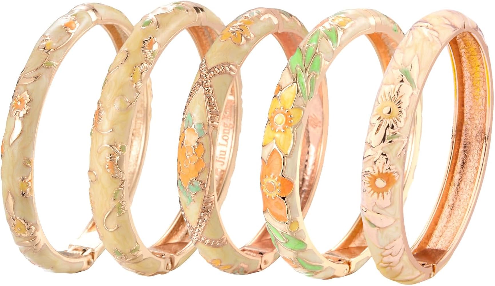 UJOY Bangles 5 Pcs Enamel Jewelry Set Rose Gold Flower Engraved Cloisonne Bracelets Pack in a Box 5PCS