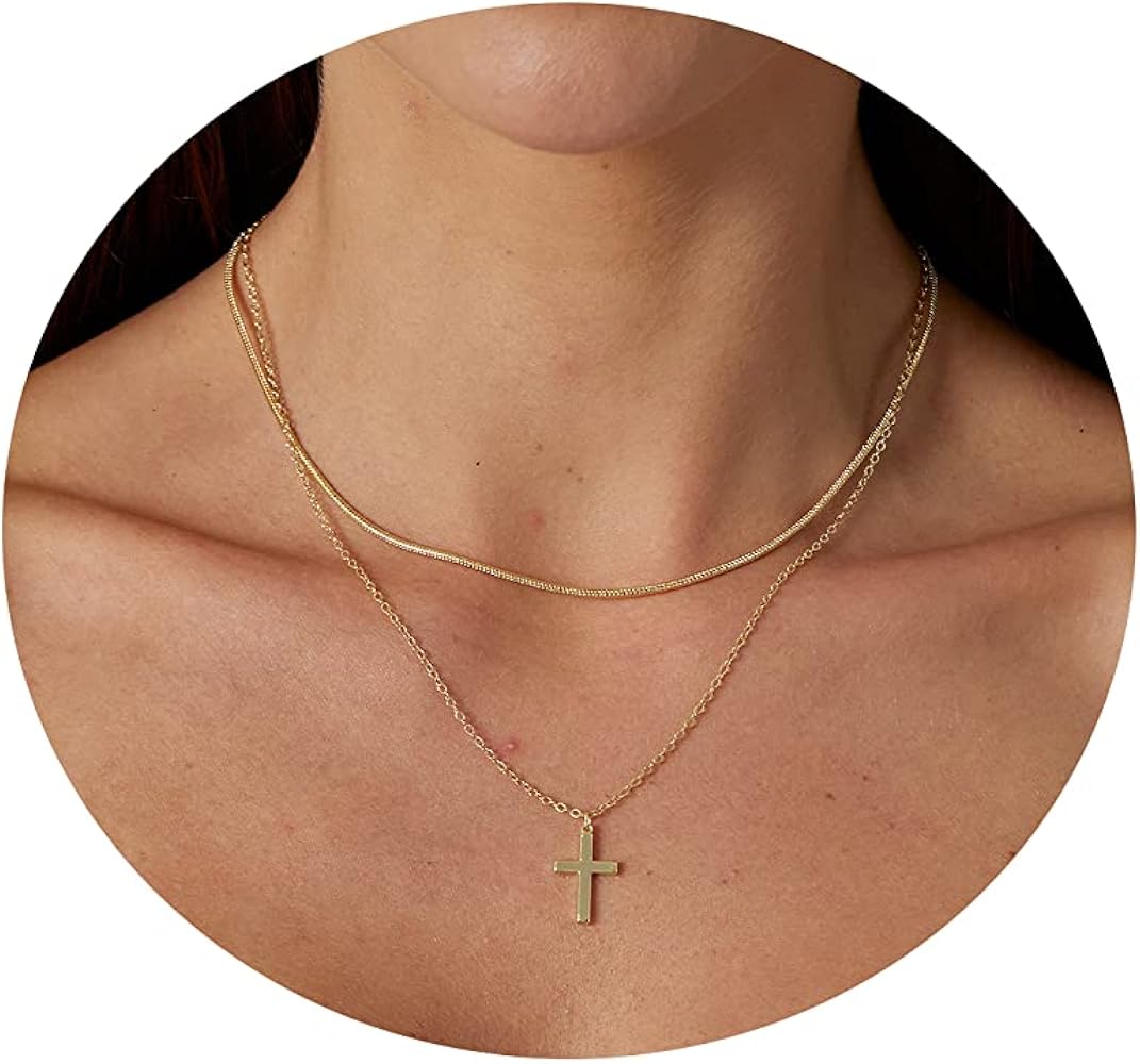 Tasiso Layered Snake Chain Cross Necklace 14K Gold Plated Dainty Cross Pendant Necklaces Minimalist Everyday Jewelry Gifts for Teen Girls