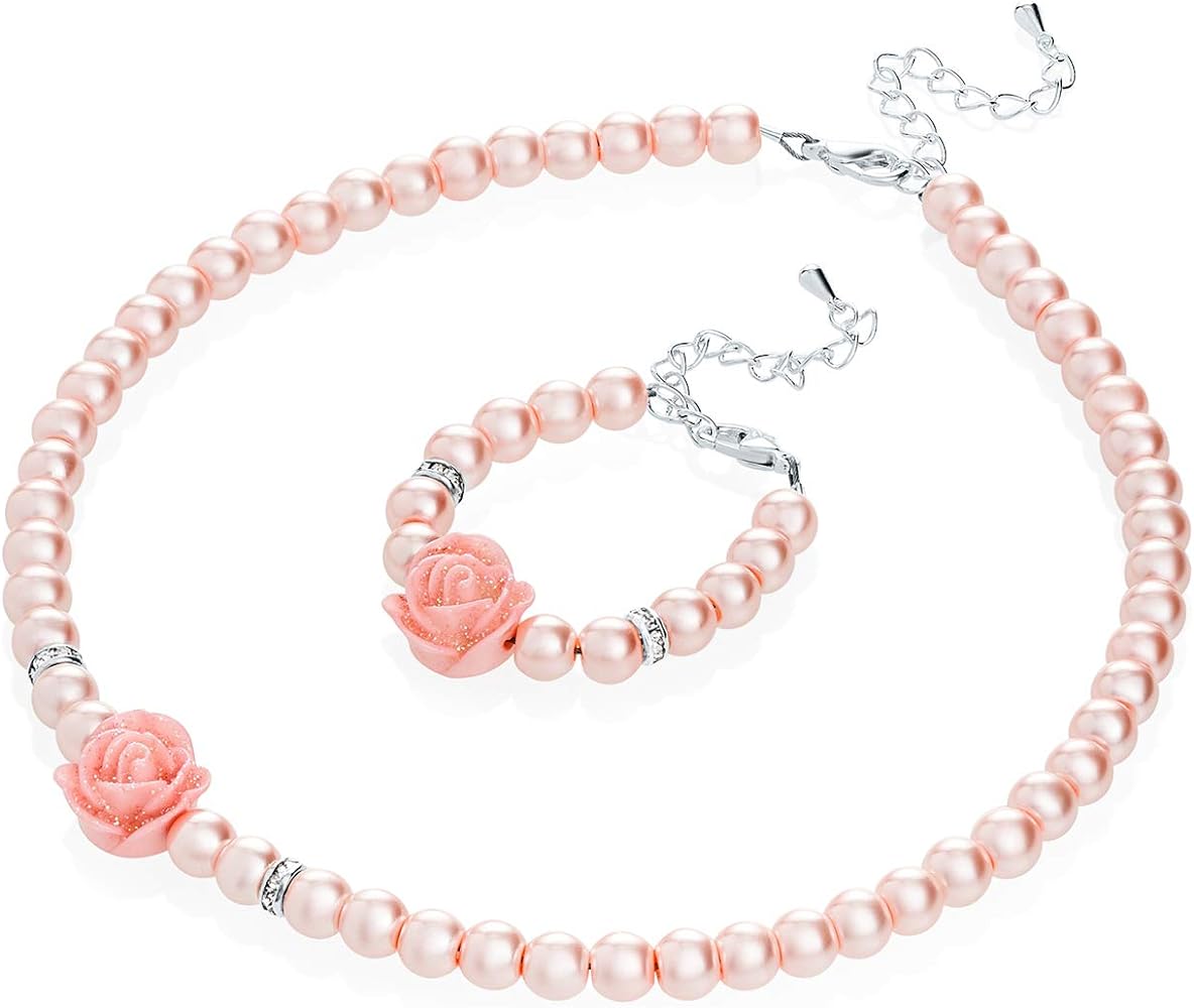 Flower Girl Pink Simulated Pearls Flower Necklace with Bracelet Toddler Gift Set (GSTNB2-P)