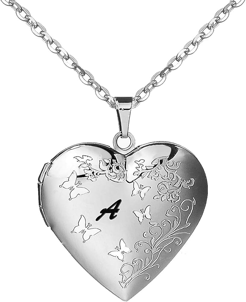 Heart Locket Necklace for Women Girls That Holds Pictures Initial Letter A-Z Butterfly Necklaces Christmas Gift Photo Lockets