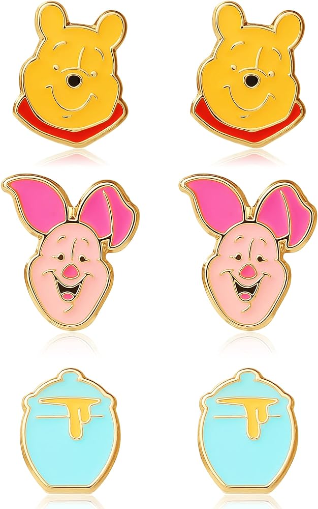 Disney Winnie the Pooh Stud Earring Set, Flash Plated, 3 Pairs