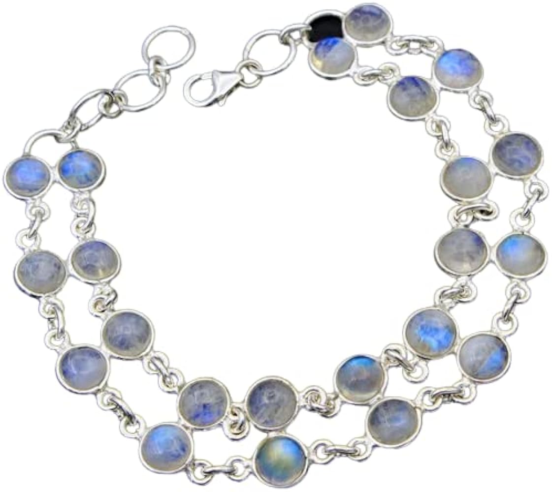 Sterling Silver 925 Natural Round Rainbow Moonstone Wedding Bracelet Jewelry