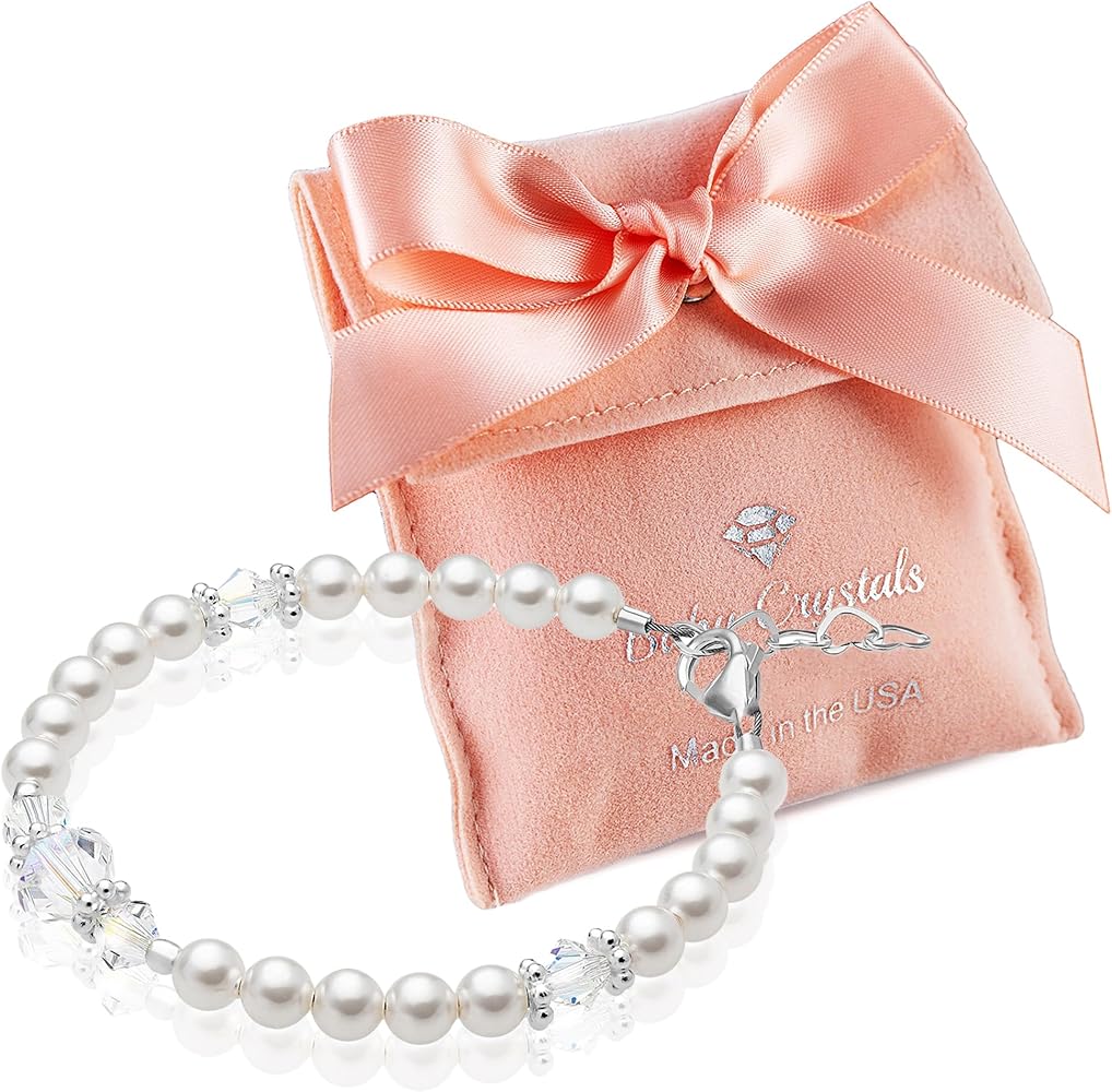 Elegant Sterling Silver Charm Bracelets for Girls -Girls Jewelry with White Simulated Pearls and European Crystals – Birthday gifts, Pearl Bracelet for girls