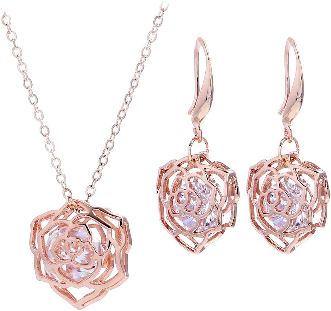 Valentine's Day Rose Flower Necklace Earrings Jewelry Set for Women Girls Charm Rhinestone Rose Gold Flower Pendant Dainty Rose Flower Drop Dangle Earring Gift for Girlfriend Wife Mom