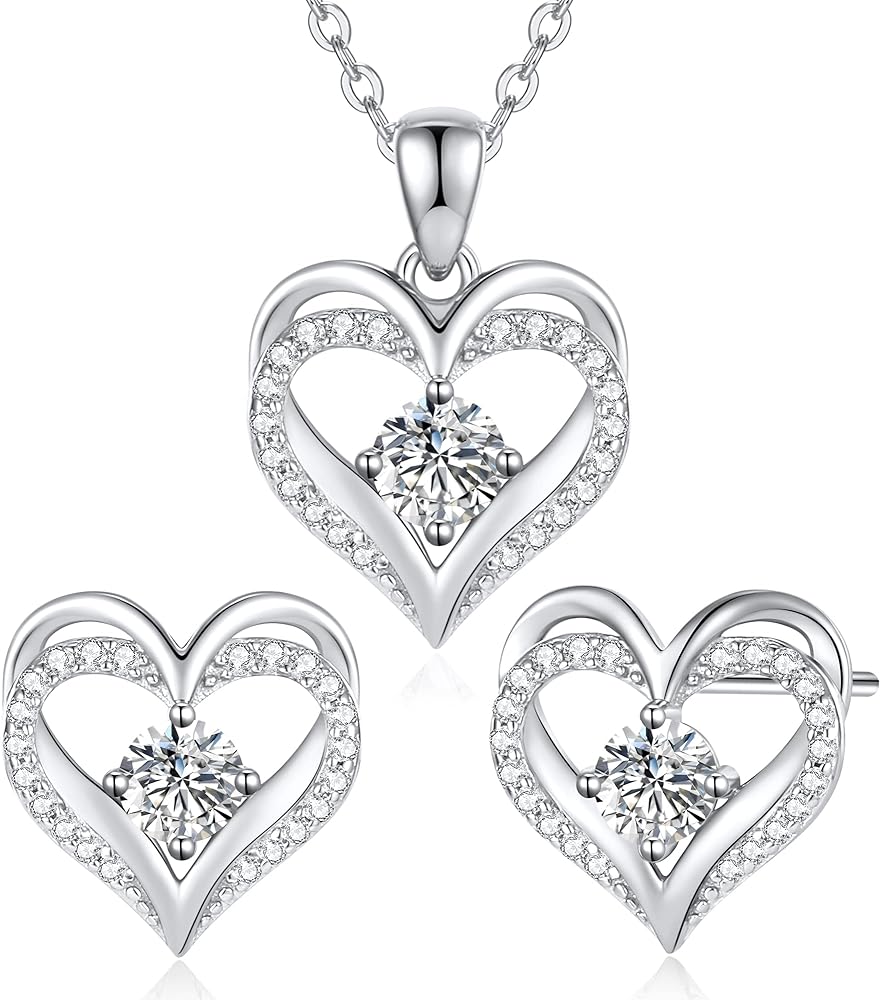 CDE Jewelry Sets for Women Love Heart Pendant Necklaces Earrings, 925 Sterling Silver with Birthstone Zirconia, Mother's Day Christmas Birthday Anniversary Valentine's Day Jewelry Gifts for Women Mom Girls Wife Girlfriend Her