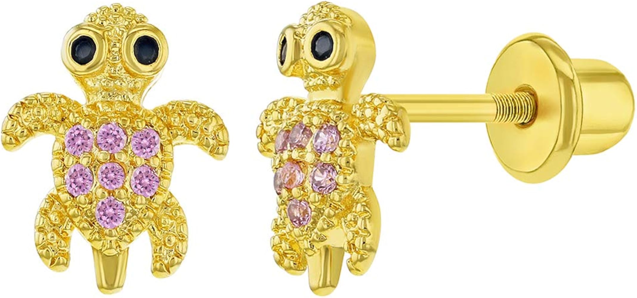 Gold Plated Pink Cubic Zirconia Turtle Screw Back Earrings for Kids & Teens - A Great and Meaningful Gifts for Animal Lovers - Sparkling Pink CZ Turtle Earrings with Screw-on Backs for Girls