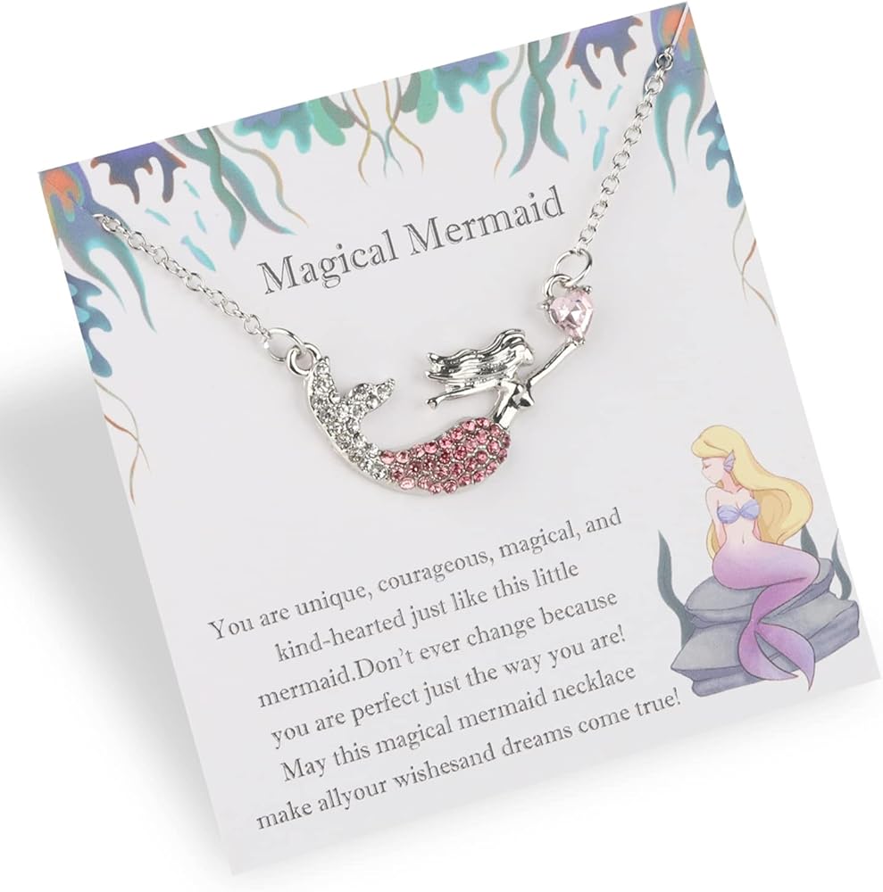 Gzrlyf Magical Mermaid Necklace with Card Crystal Mermaid Pendant Necklace Mermaid Jewelry Gift for Mermaid Lover