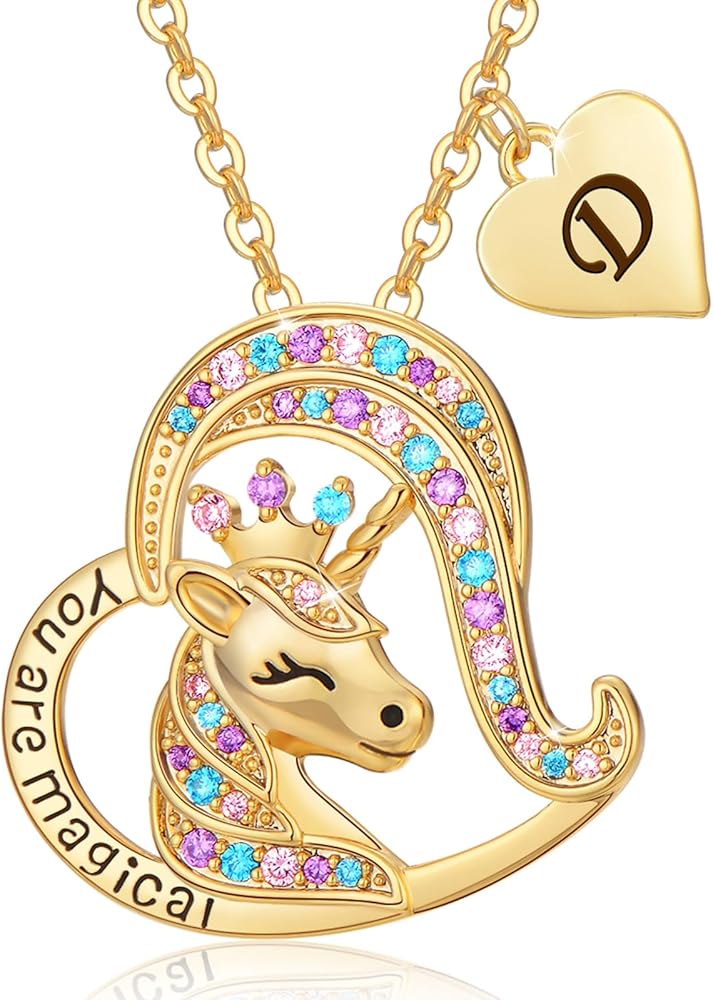 Unicorn Necklace for Girls 18K Gold Filled 925 Sterling Silver Necklaces Heart Pendant Necklace Initial Jewelry for Little Girls on Graduation Christmas Valentine's Day Birthday Gifts for Daughter, Granddaughter, Niece