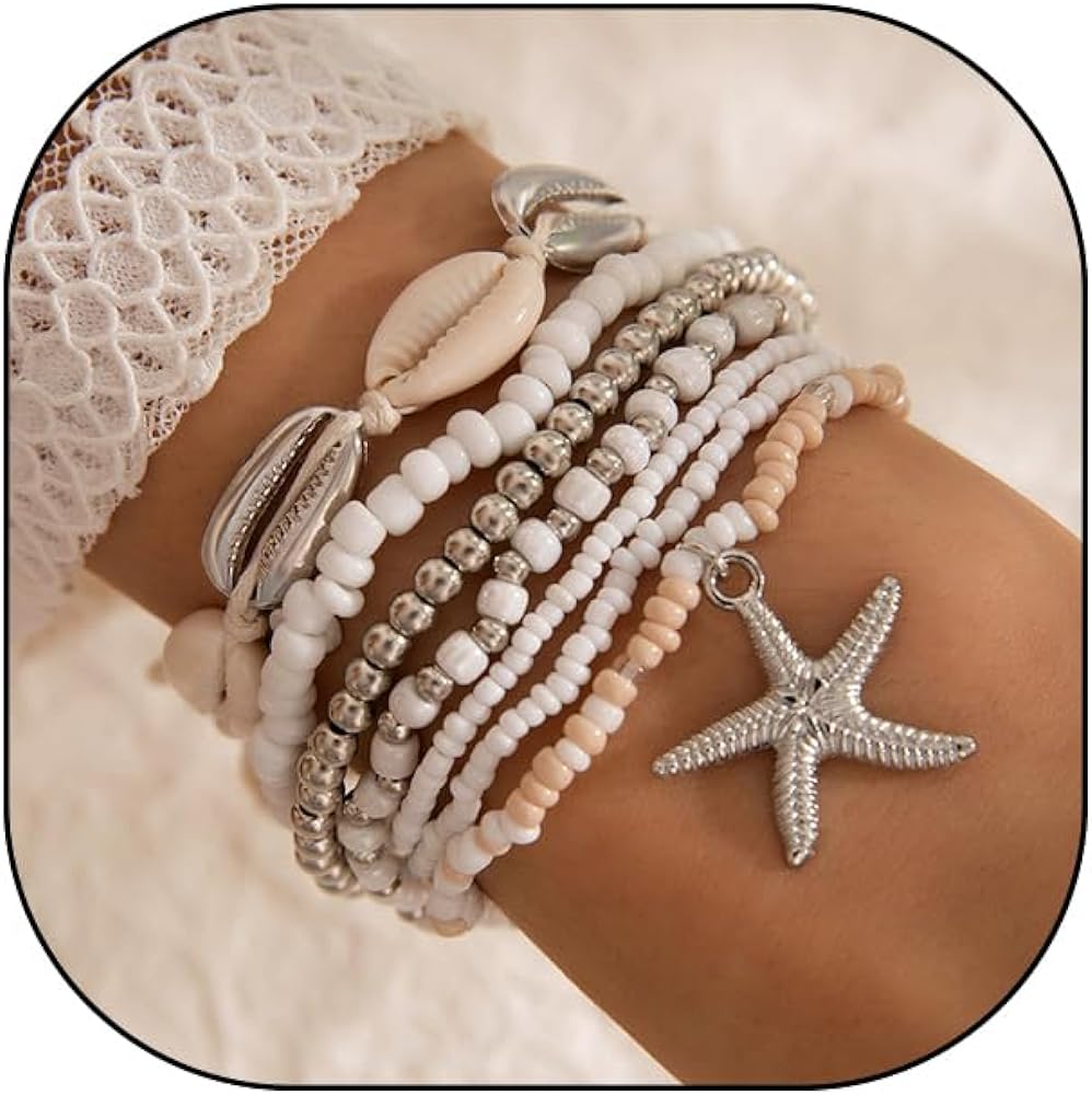 7pcs Stackable Beach Shell Bracelet Set for Woman Girls Teen,Boho Cowrie Seashell Starfish Bracelet Set,Cute Beaded Jewelry Gifts for Friends