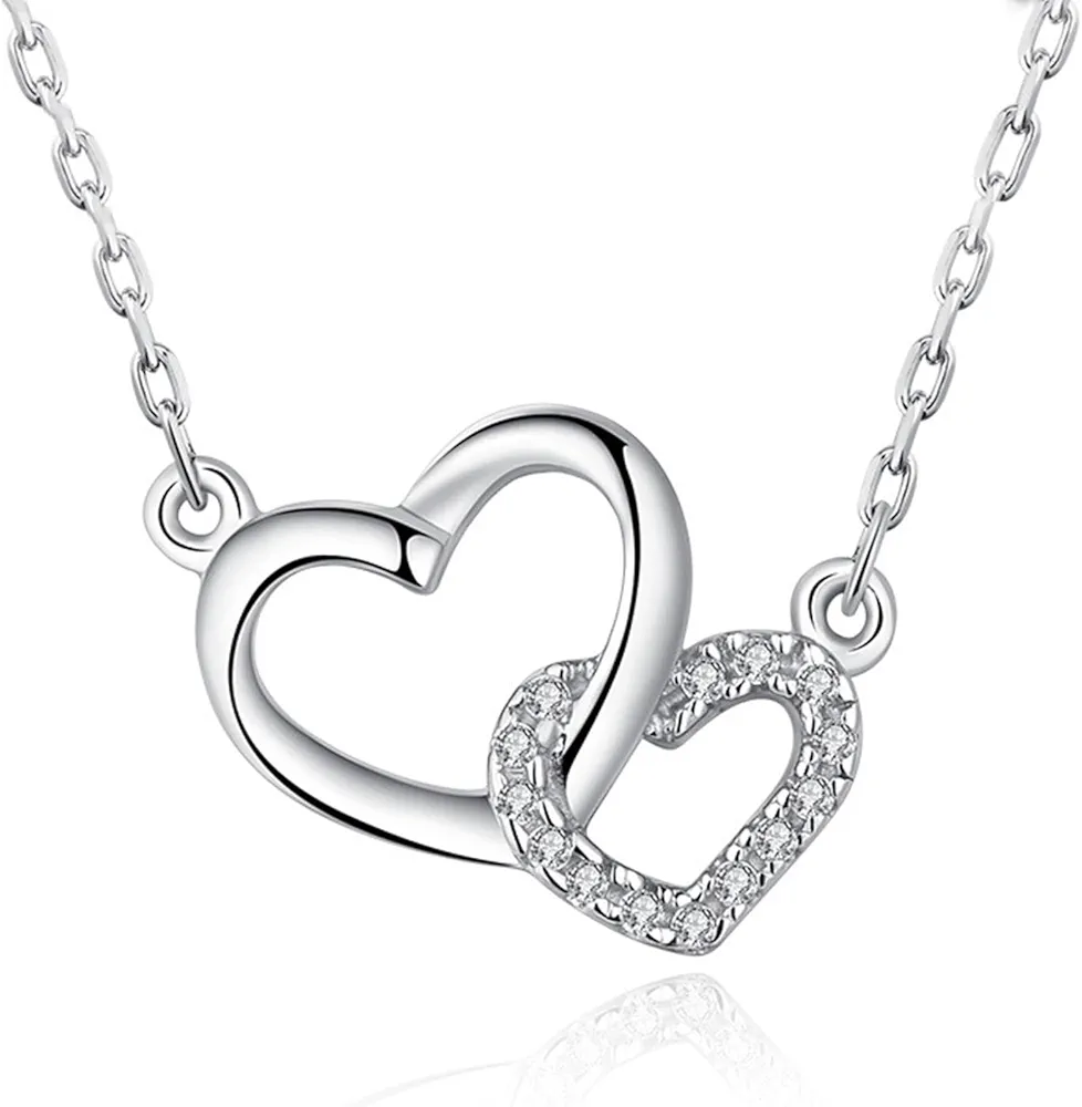 Diamond Heart Necklace Two Open Heart Interlocking Necklace Shiny Cubic Zirconia Heart Pendant Necklace Silver Small Heart Necklace Chain Jewelry Gifts for Women Teen Girls