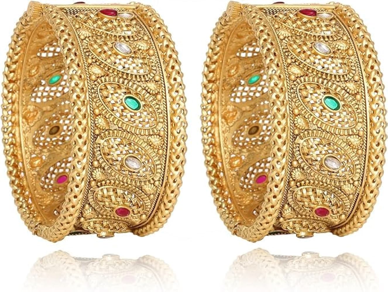 SANARA South Indian Bollywood Traditional 18k Gold Plated Exclusive Multi Color Stone Made Bangle Bracelet 2 Pcs Kada Jewelry