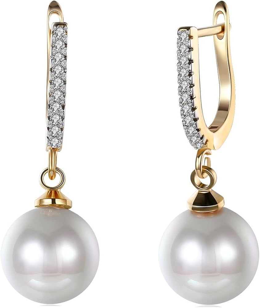 NewZenro Elegant 18K Gold Plated Cubic Zirconia Pearl Drop Dangle Earrings For Women Girls Gift Small Huggie Hoop Fashion Dainty Ball Dangling Jewelry Gifts Mom Wife Girlfriend Bff Birthday