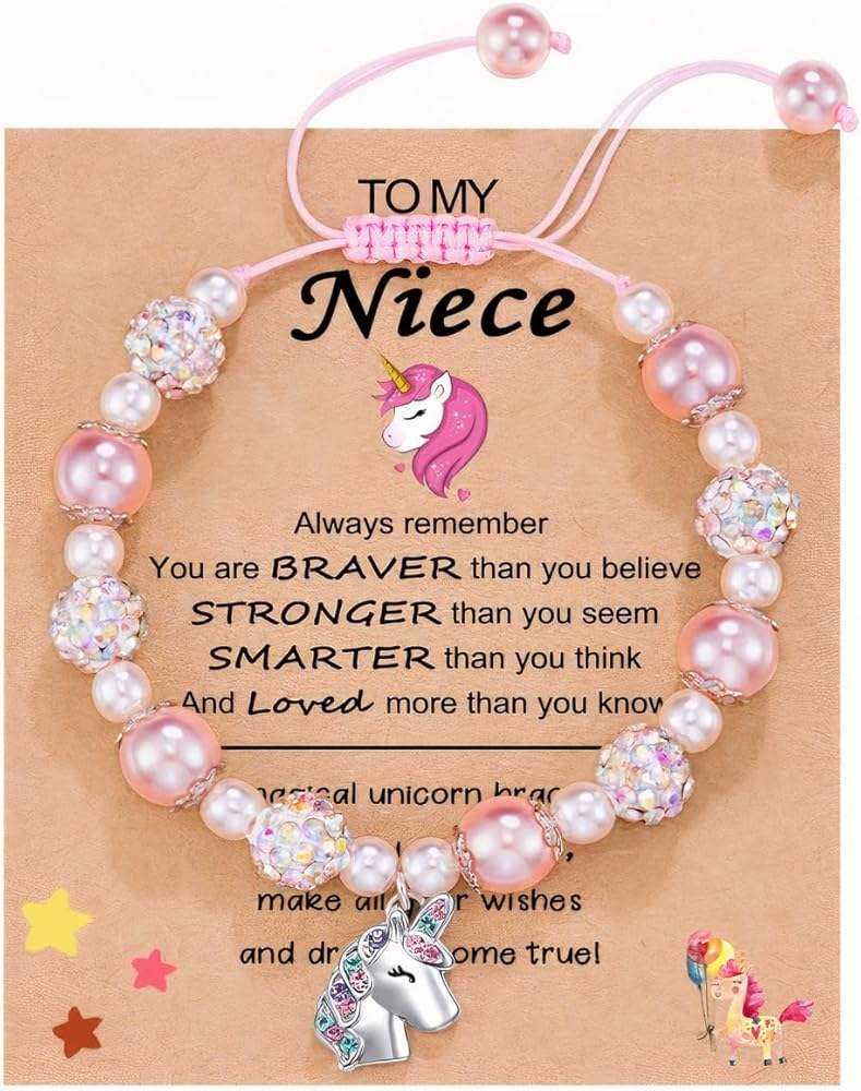 PAMPAM 1PCS Unicorn Bracelet for Niece, Pink Pearl and Rhinestone Balls Bracelet, Pretty Present For Birthday, Christmas, Thanksgiving, New Year's Eve