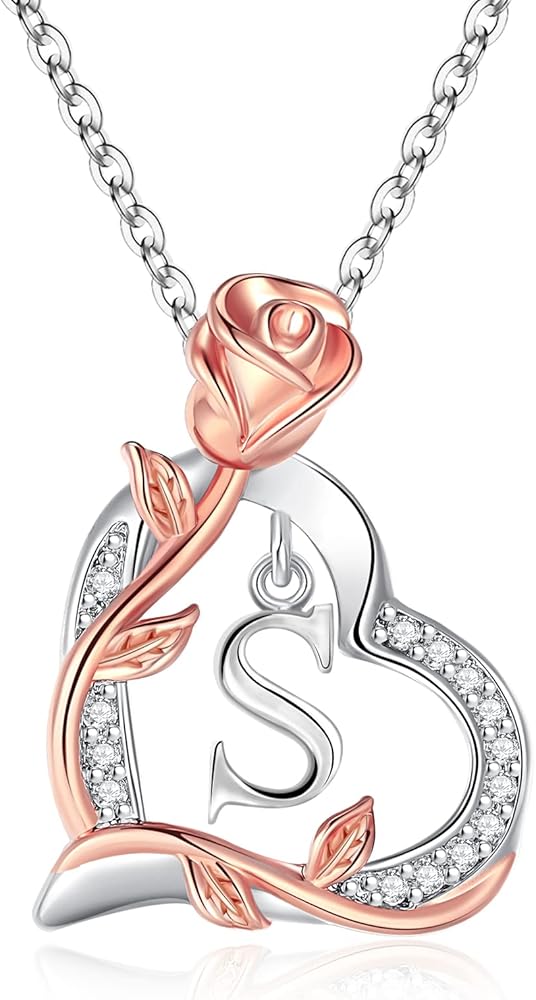 Rose Heart Initial Necklaces for Girlfriend Trendy Letter Love Pendant Silver Necklace Wife Teen Girls Birthday Jewelry Gifts