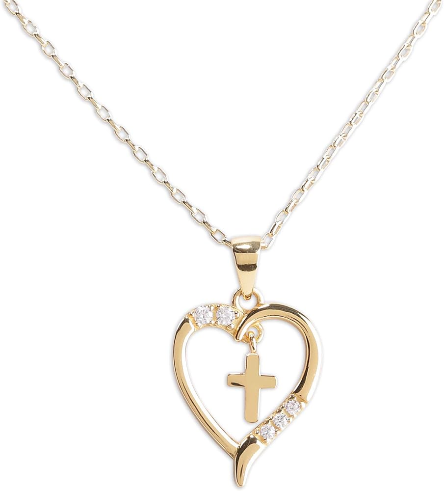 Cherished Moments Girl's Sterling Silver First Communion Dancing Cross Heart Necklace