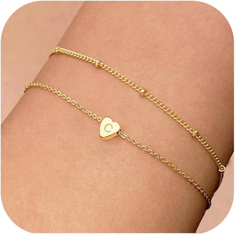 Gold Initial Bracelets for Women, 18K Gold Plated Letter A-Z Initial Bracelet Heart Bracelet Stacks Cute Monogram Bracelet Dainty Gold Bracelets for Women Jewelry Gifts for Women Teen Girls