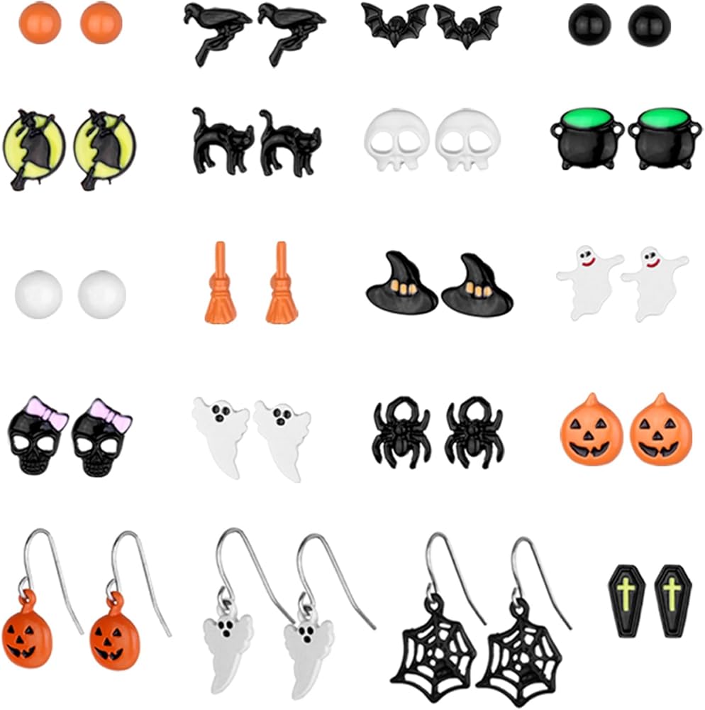 Aganippe 18/20/24 Pairs Halloween Theme Stud Earring Sets Including Halloween Spider Web Pumpkin Ghost Bat Boo Halloween Drop Earrings for Women Girls