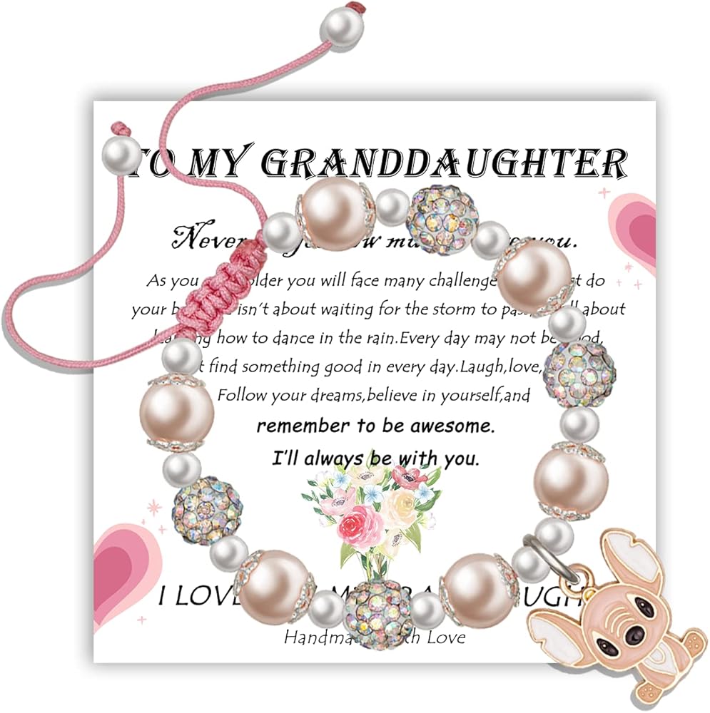 LINY First Day of School Gifts Pink Pearl and Rhinestone Bracelet Sparkly Charm Bracelet Back to School Gifts for Niece Daughter Granddaughter Birthday Gifts