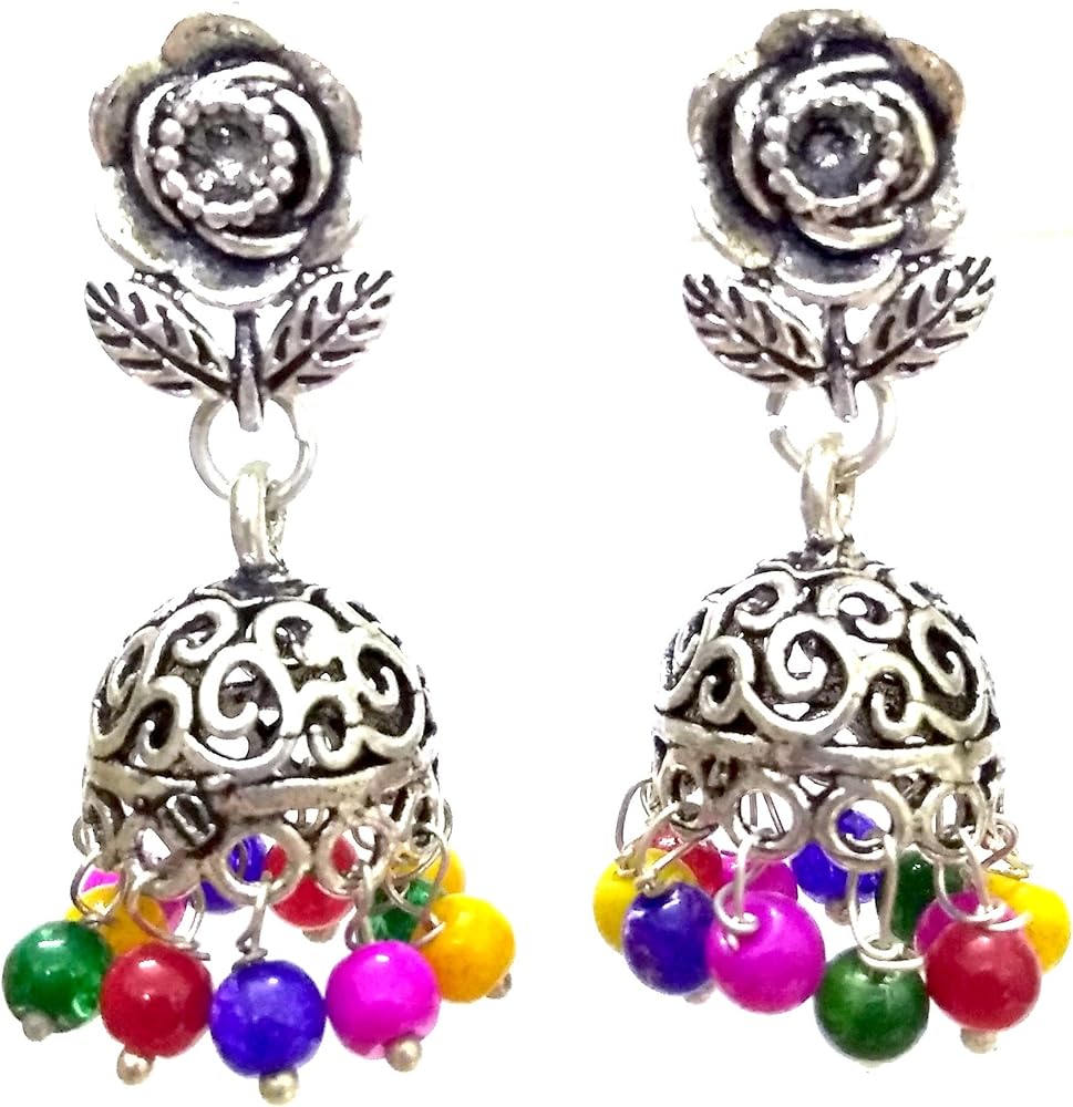 Silver Oxidized Earring Bali Jhumki Jhumka Jewelry Bollywood Drop Dangle Hook Chandelier Rose ni-191