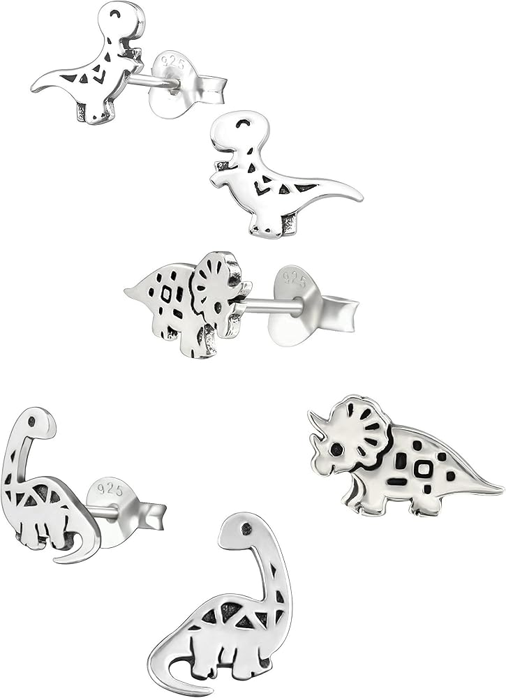 925 Sterling Silver Cute Tiny Dinosaur Children's Stud Earrings (Nickel Free)