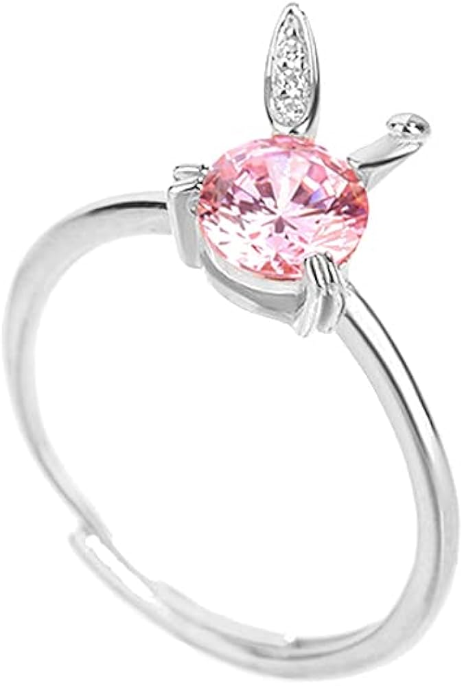 Cute Rabbit Bunny Open Stacking Ring 925 Sterling Silver Cubic Zirconia Pink Crystal Animal Adjustable Statement Thin Tail Finger Band Promise Wedding Rings Dainty Easter Jewelry for Women Teen Girls Bride