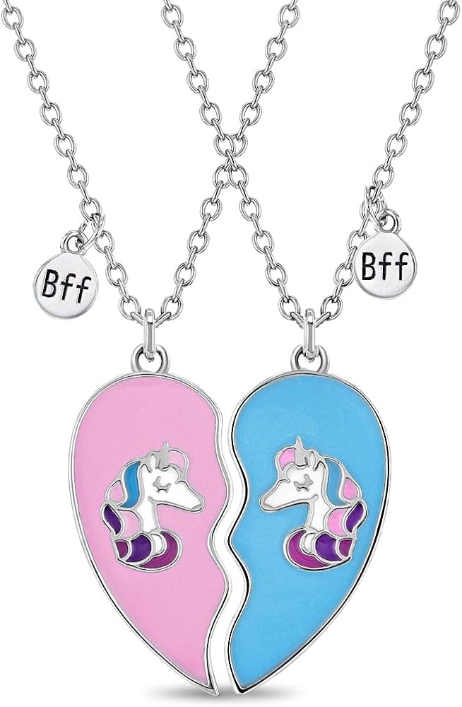 925 Sterling Silver Pink & Blue Enamel Unicorn Best Friends Necklaces For Little Girls and Pre-Teens 16" - BFF Necklaces for Young Girls - Heart Shaped Matching Pendant Necklace for Girls