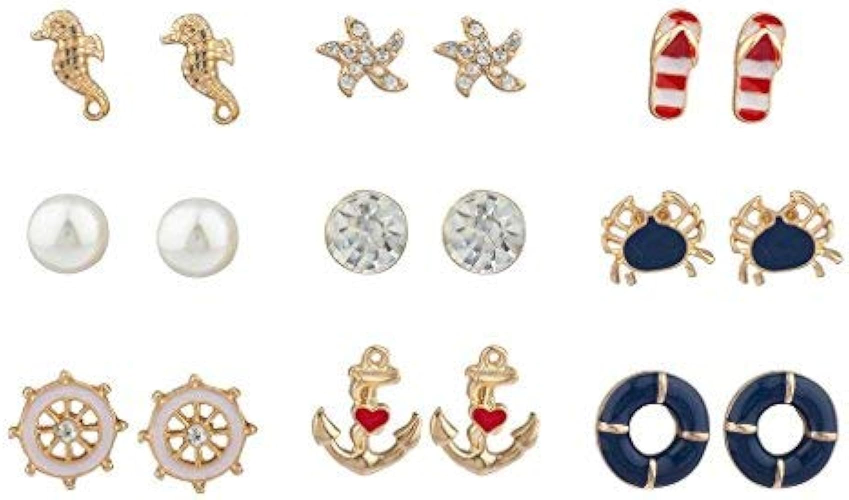 Lux Accessories Gold Tone Crystal Pearl Red White Blue Nautical Earring Set