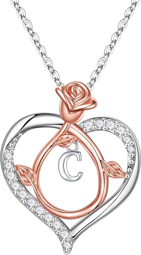 Initial Necklaces Gifts for Women - Rose Heart Initial Necklaces for Women Teen Girls Jewelry CZ Heart Necklaces for Girls Birthday Valentines Mothers Day Gifts for Mom Girlfriend Daughter