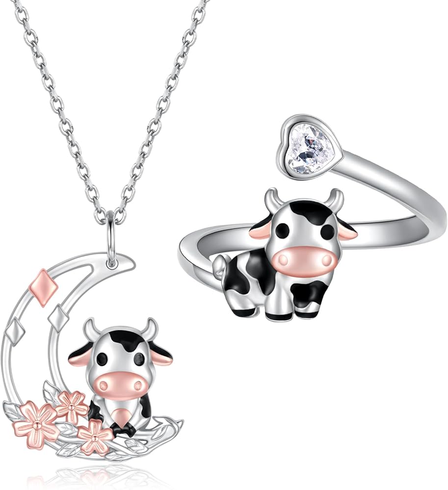 Sterling Silver Cow Ring Neckalce Set for Girls