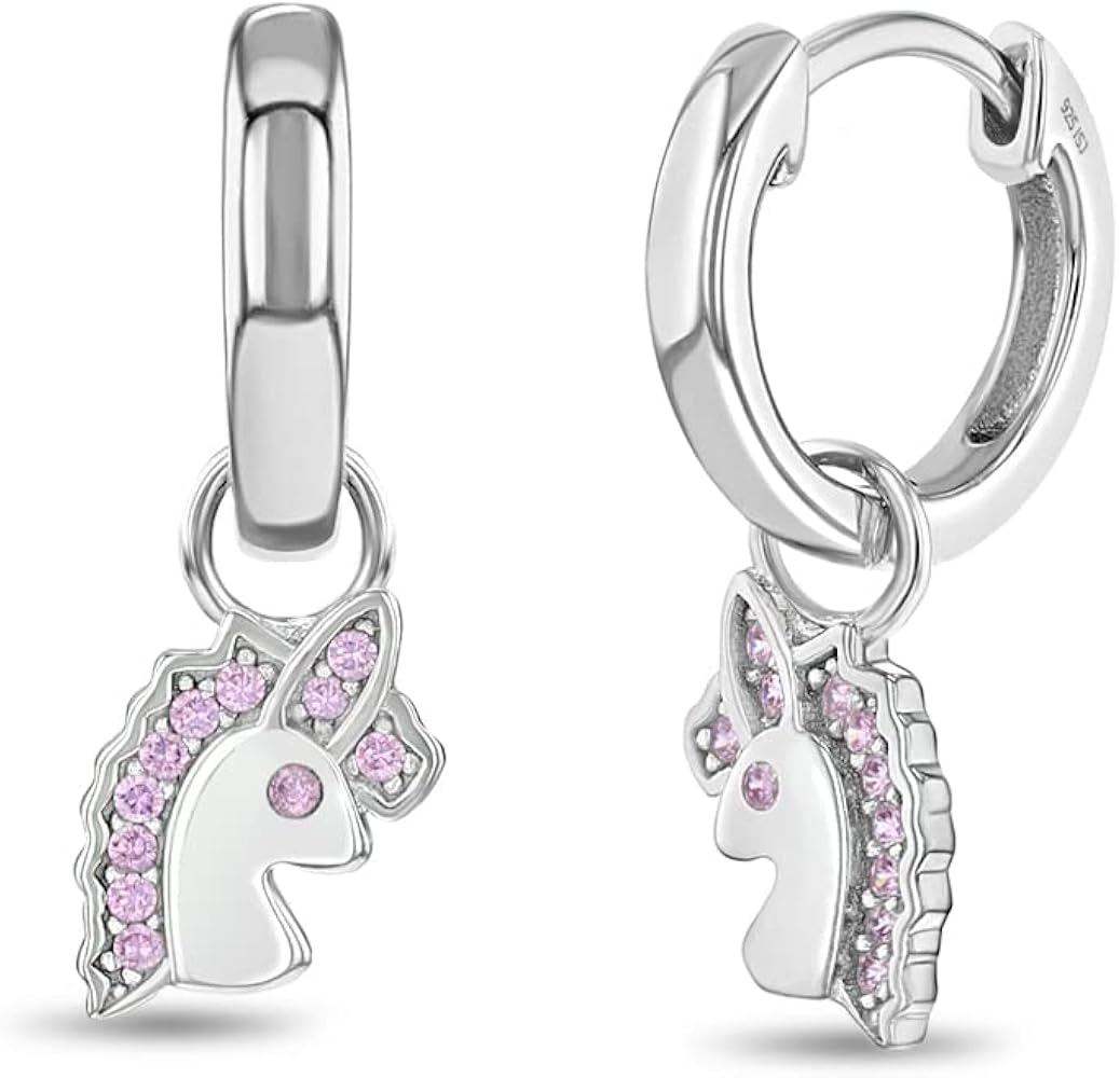 925 Sterling Silver Pink Cubic Zirconia Unicorn Dangle Hoop Earrings For Young Girls 12mm - Enchanting Unicorn Jewelry for Little Girls - Delicate CZ Earrings For Fashionable Girls