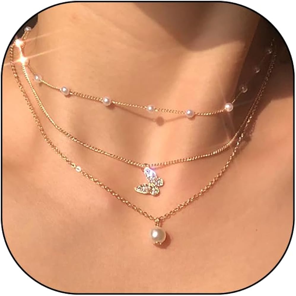 Layered Butterfly Pearl Pendant Necklace for Women 14k Gold Trendy Dainty Small Chain Choker Necklace Simple Cute Dainty Pearl Jewelry Girls Gift