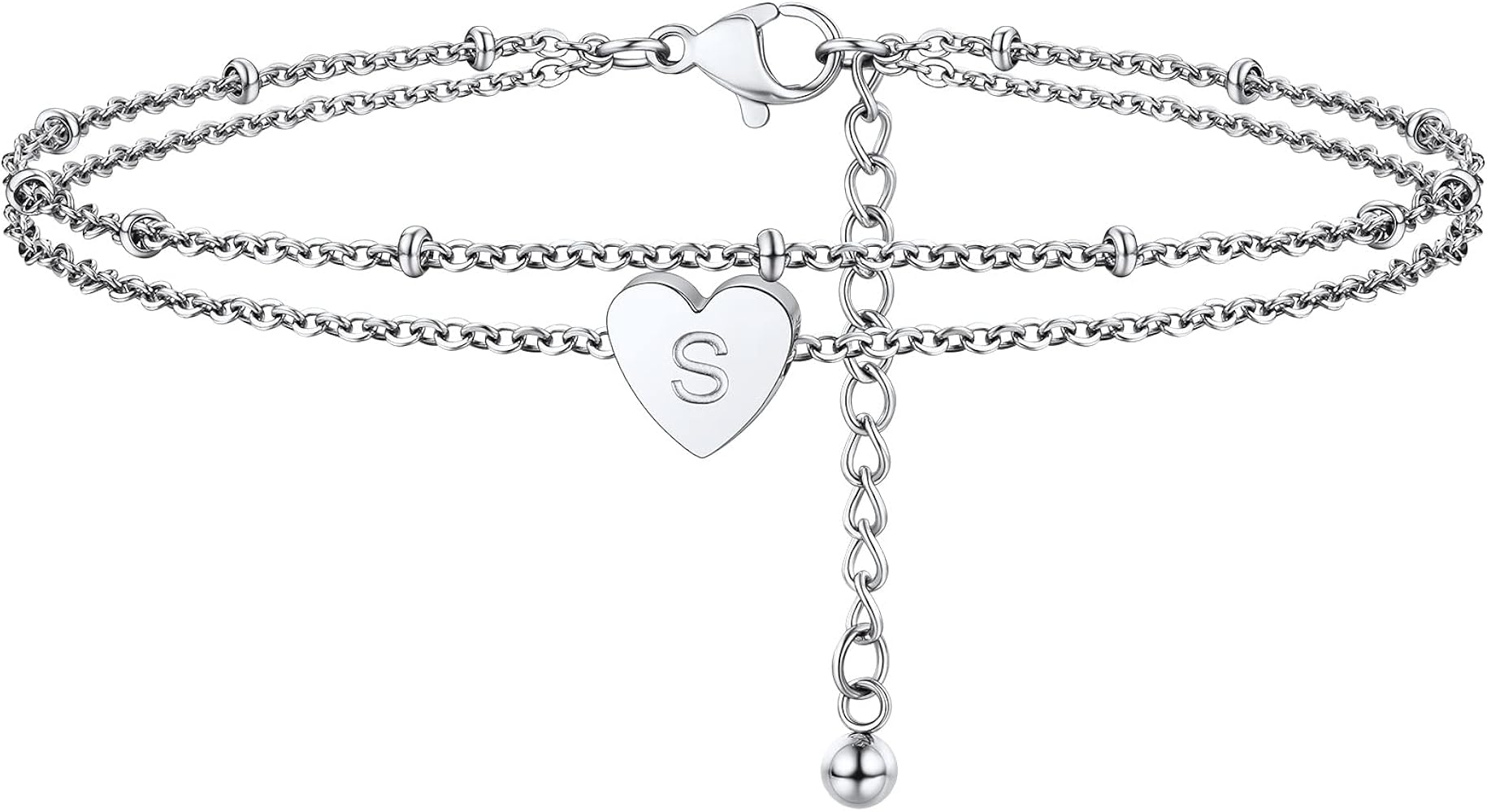 ChainsProMax Chic Heart Anklet, Women Summer Beach Foot Chain, A to Z Initial Ankle Bracelet, Adjustable, Silver Color -Send Gift Box