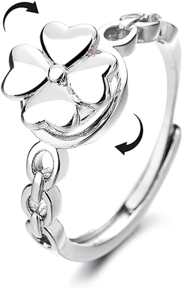 Lucky Four Leaf Clover Fidget Anxiety Ring Sterling Silver Plated Spinner Rotate Freely Stress Relief Adjustable Open Rings Love Heart Shaped Leaves Dainty Stackable Finger Bands Eternity Jewelry