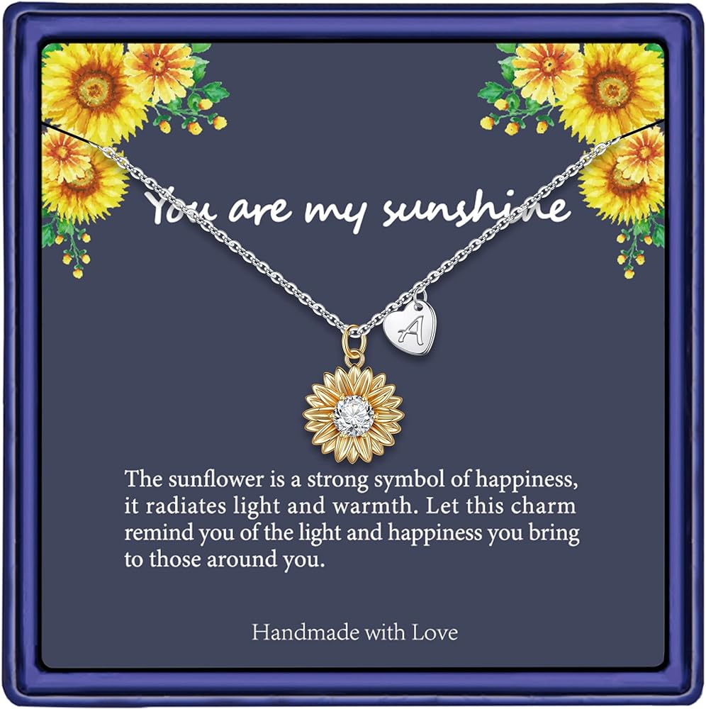 MONOZO Initial Sunflower Necklace for Women Girls, 14k Gold Plated Sunflower Necklace Pendant CZ Heart Letter Initial Necklace You Are My Sunshine Gifts Sunflower Jewelry for Girls