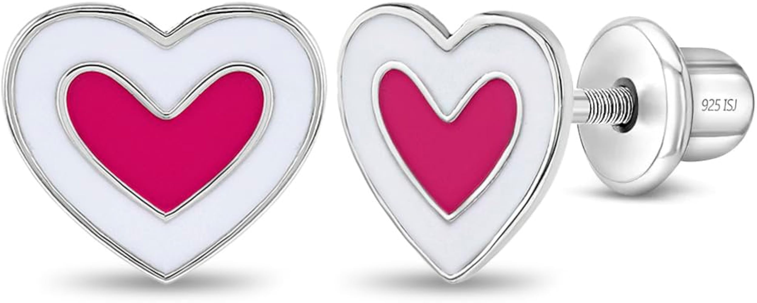 925 Sterling Silver Pink and White Heart Safety Screw Back Earrings For Kids, Toddlers & Little Girls- Secure and Comfortable Adorable Heart-Shaped Girl Earrings