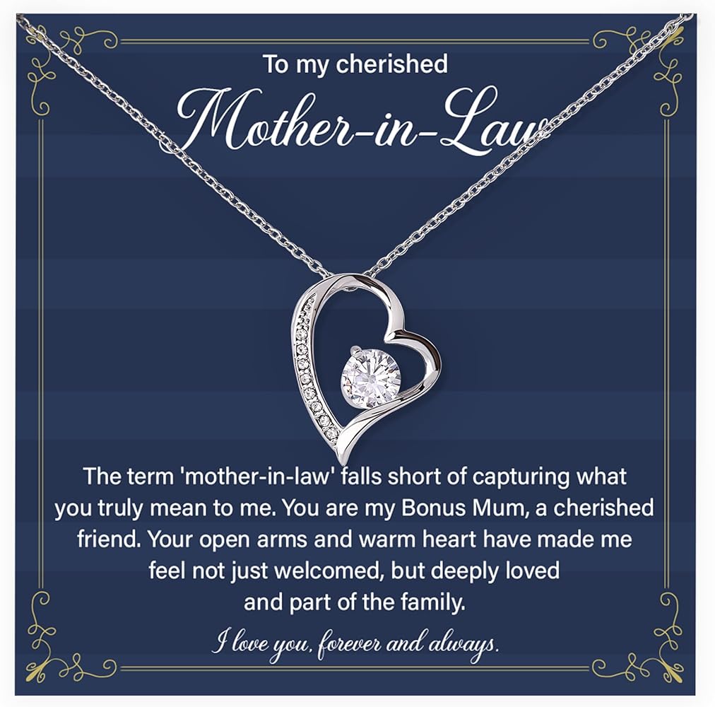 To My Cherished Mother-in-law Necklace Present For Mother's Day, Wedding Day, Birthday Celebrations, And More, Jewelry Gift Ideas From Daughter-in-law/Son-in-law, Forever Love Necklace With Heartwarming Message Card And Gift Box For Necklace