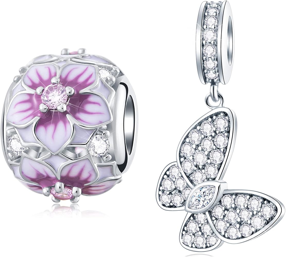 925 Sterling Silver Clear Sparkle Butterly Charm and Magnolia Flower Charm, Fit DIY Bracelet, Gift for Friends/Mom/Sister 2pcs Set