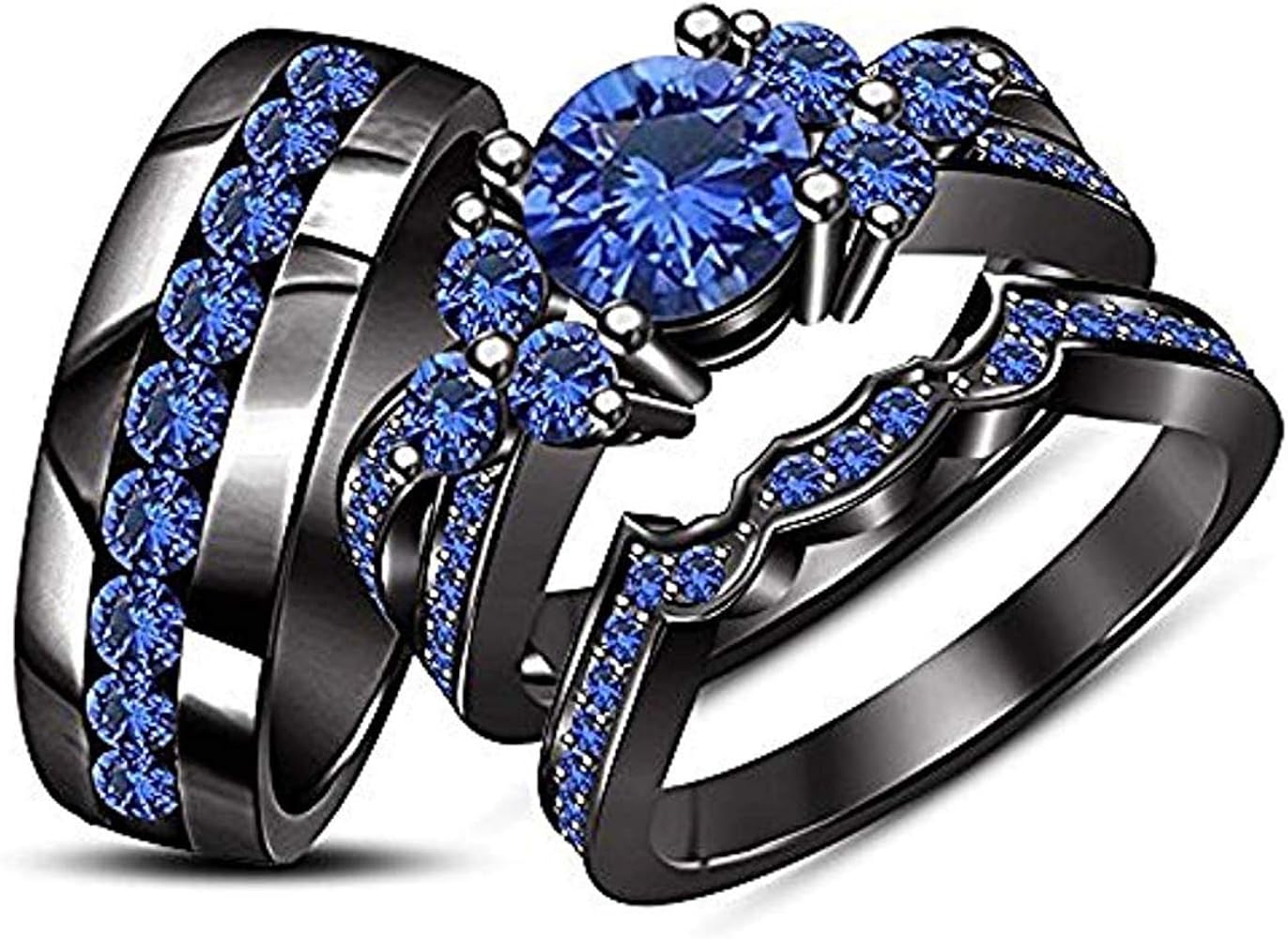 Round Blue Sapphire Diamond 14K Black Gold Plated 925 Sterling Silver Bridal Wedding Trio Ring Set for Him & Her