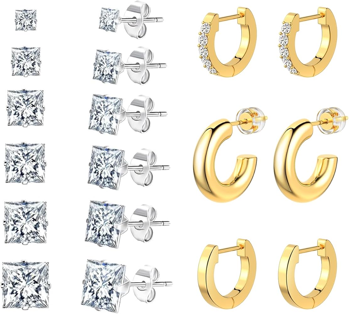 UHIBROS 9 Pairs Hypoallergenic Stud Earrings Hoop Earrings Set 20G Gold Silver Earring for Women Girls Men